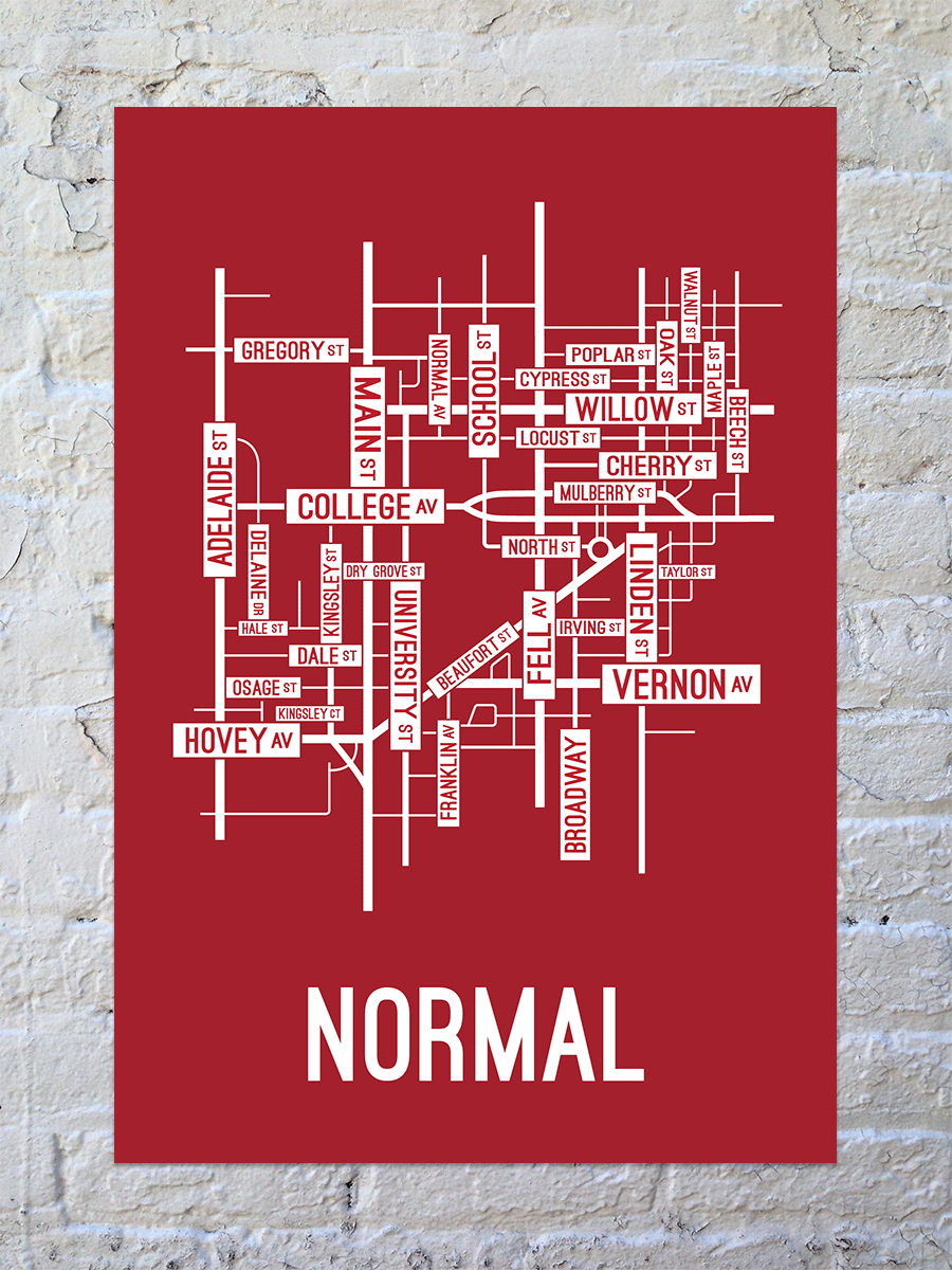 Normal Illinois Street Map Print School Street Posters   Normal Illinois Street Map Print Red 1600x 