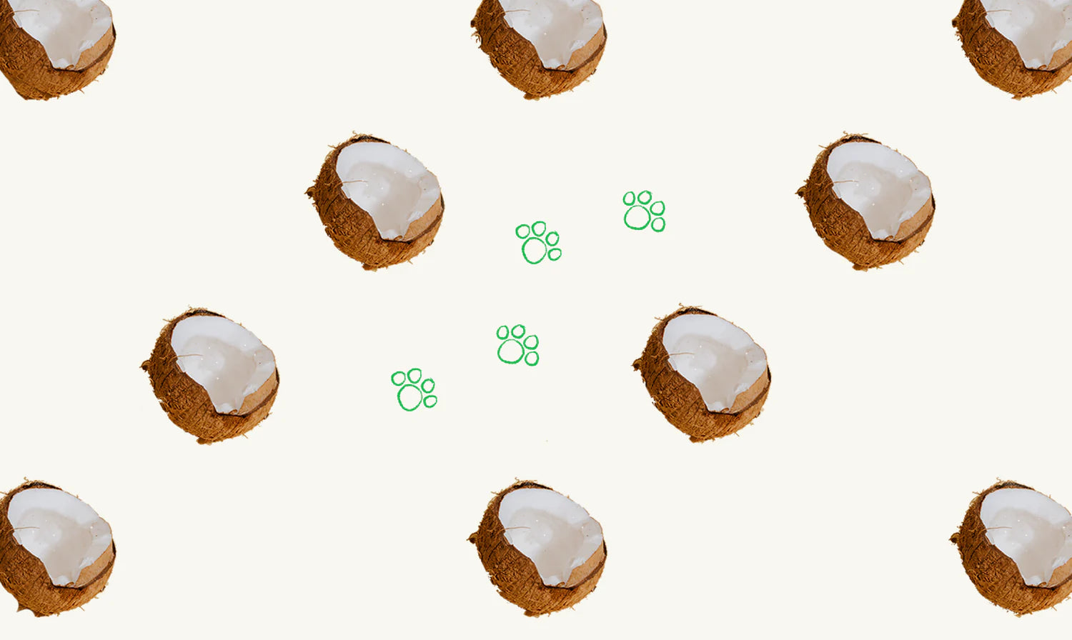Halved coconuts and green paw prints on a beige background.