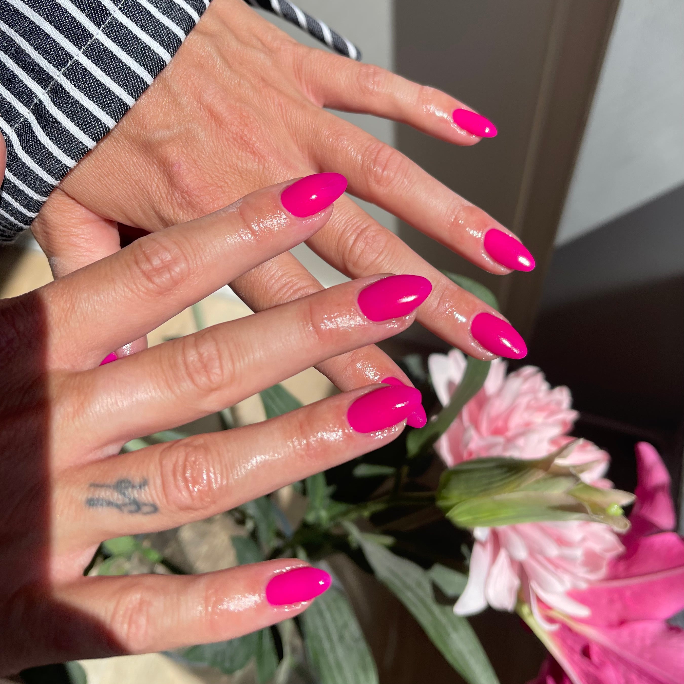 Extended pink nails with polygel and gel polish