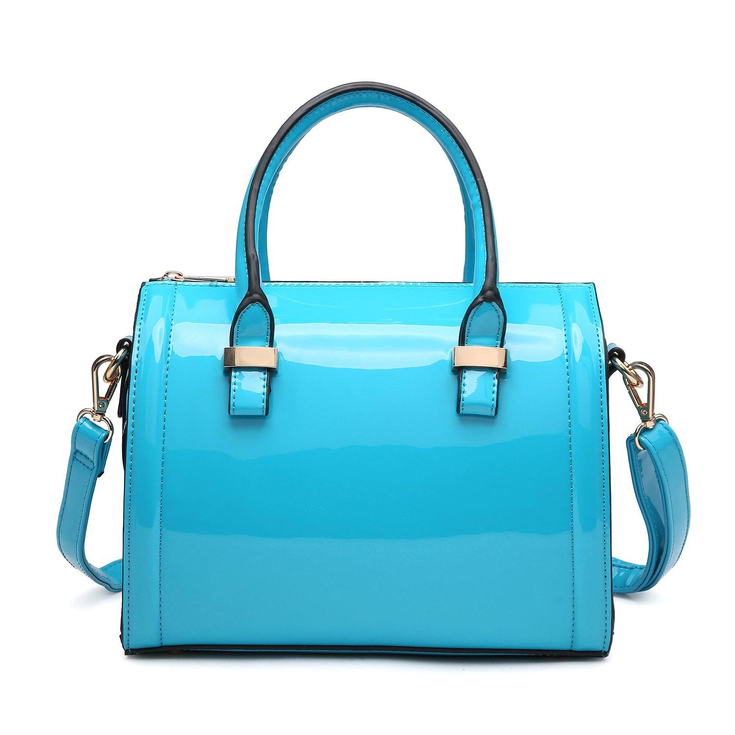 turquoise patent leather handbag