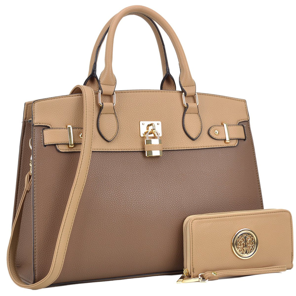 Dasein Two Tone Faux Leather Satchel with Padlock and with Matching Wa ...