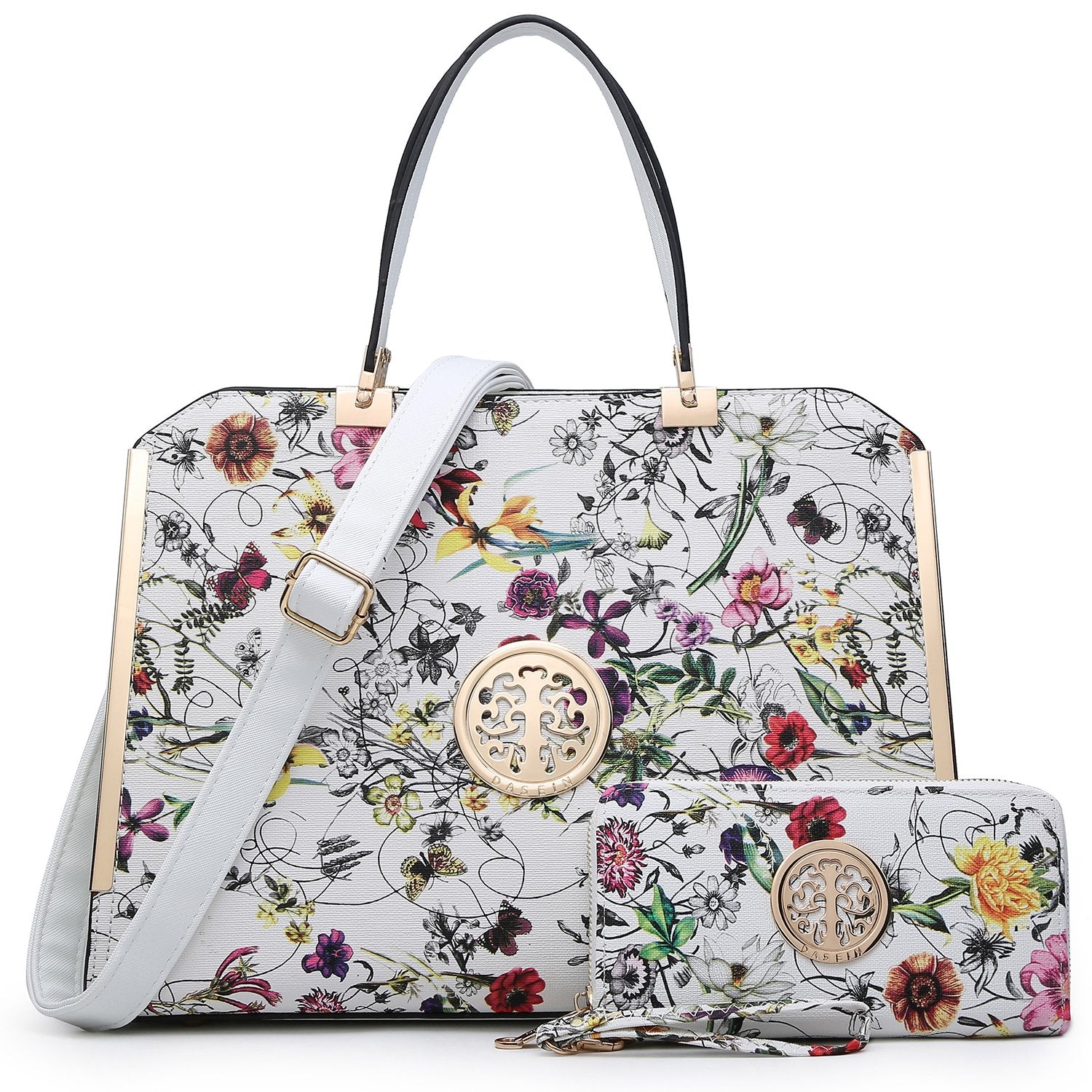 Floral Print Emblem Handbag with Matching Wallet – Dasein Bags