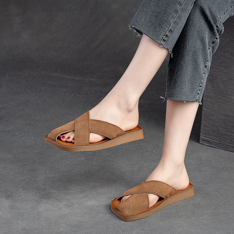 slip-on design leather slides womens