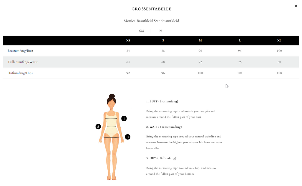 Wedding dress size chart