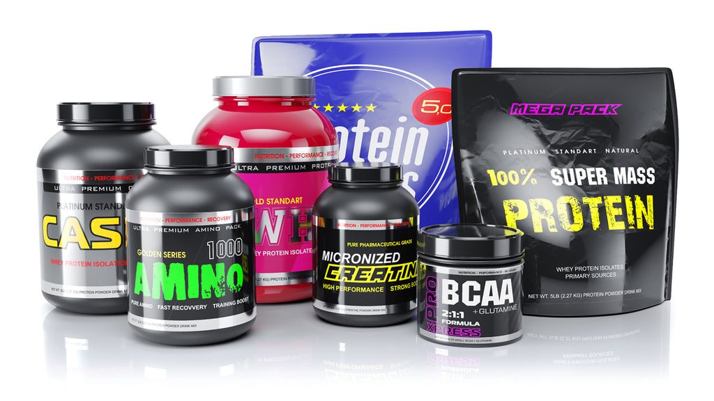 Gym fitness supplement array of different containers of different sizes and type - pouch and tub