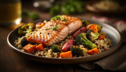 Salmon with roasted veggies as Dinner Options for Weight Loss