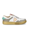 Women's Lyon Low-Top Sneakers in Recycled Leather, White Pink Turquoise Green Philippe Model