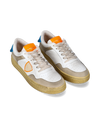 Men's Lyon Low-Top Sneakers in Recycled Leather, White Light Blue Orange Philippe Model