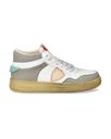 Women's Lyon Sneakers in Recycled Leather, White Pink Turquoise Green Philippe Model