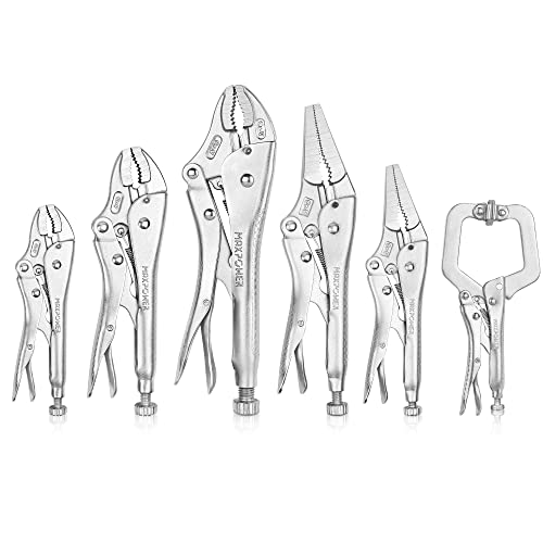MAXPOWER 6 PCS Locking Pliers and Clamps Set, Locking C Clamp 6 inch with Swivel Pads, Long Nose Locking Pliers 9 inch and 6 inch, Curved Jaw Locking Pliers 10 inch, 7 inch and 5 inch