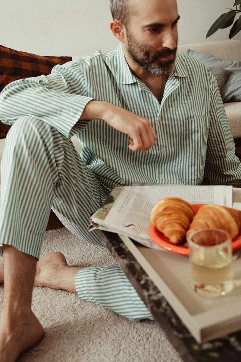 sustainable sleepwear_long pyjama set_gratitude green stripes_croissants_marlen mueller_avonte