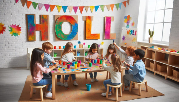 Preschool Kids Decorating Holi Project Classroom