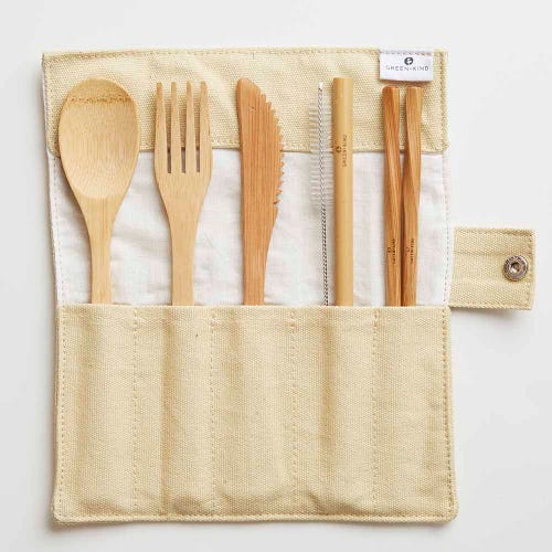 Green + Kind Bamboo Cutlery Set - Roll Up Beige