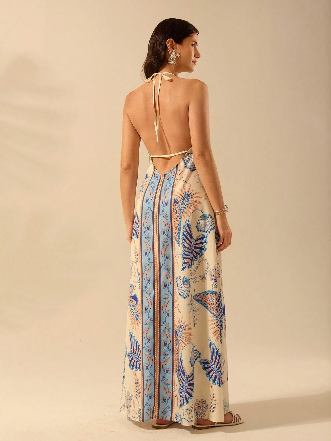 CAJUNI Vestido de Verão Casual de Praia, com Alças de Espaguete, Estampa Boho Tropical, e Amarração em Renda, para Férias