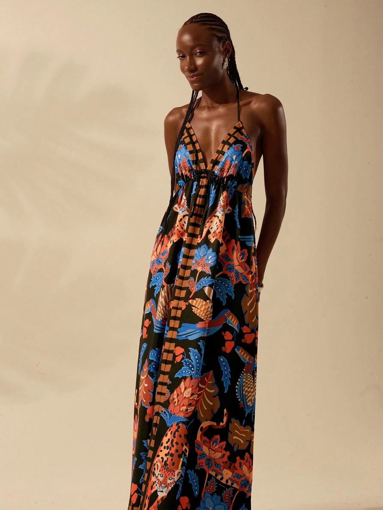 CAJUNI Vestido de Verão Casual de Praia, com Alças de Espaguete, Estampa Boho Tropical, e Amarração em Renda, para Férias