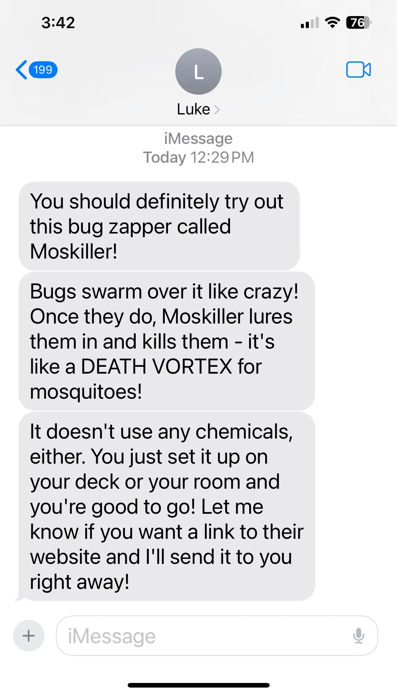 Screenshot of a text message conversation recommending a bug zapper called Moskiller.