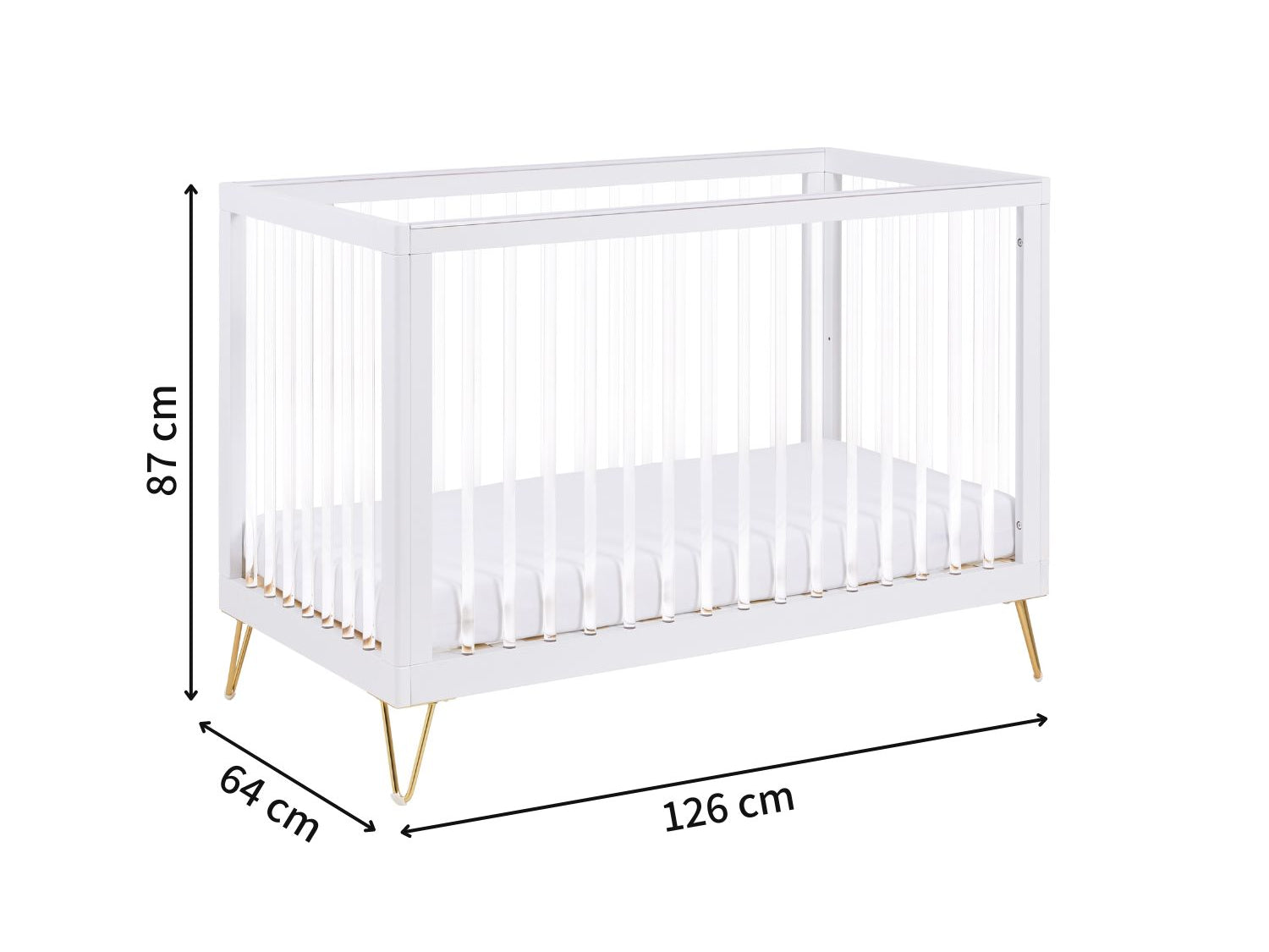 Babymore Kimi Acrylic Cot Bed with dimensions