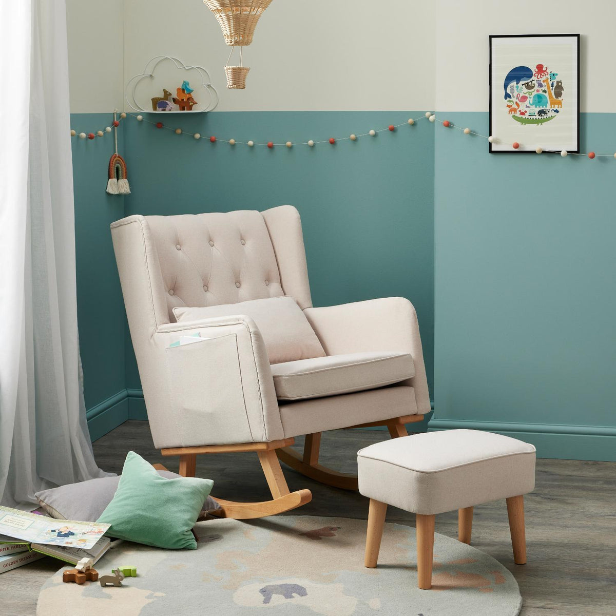 Babymore Lux Nursing Chair with Footstool in Grey colour with rocker wood legs attached