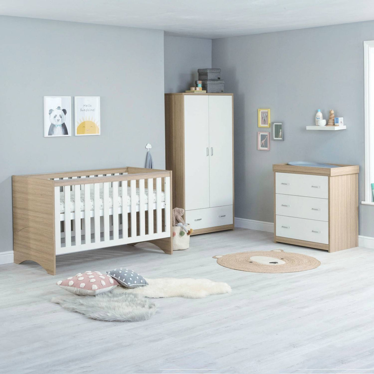 Babymore Veni 3 Piece Nursery Room Set with Drawer in Oak White colour