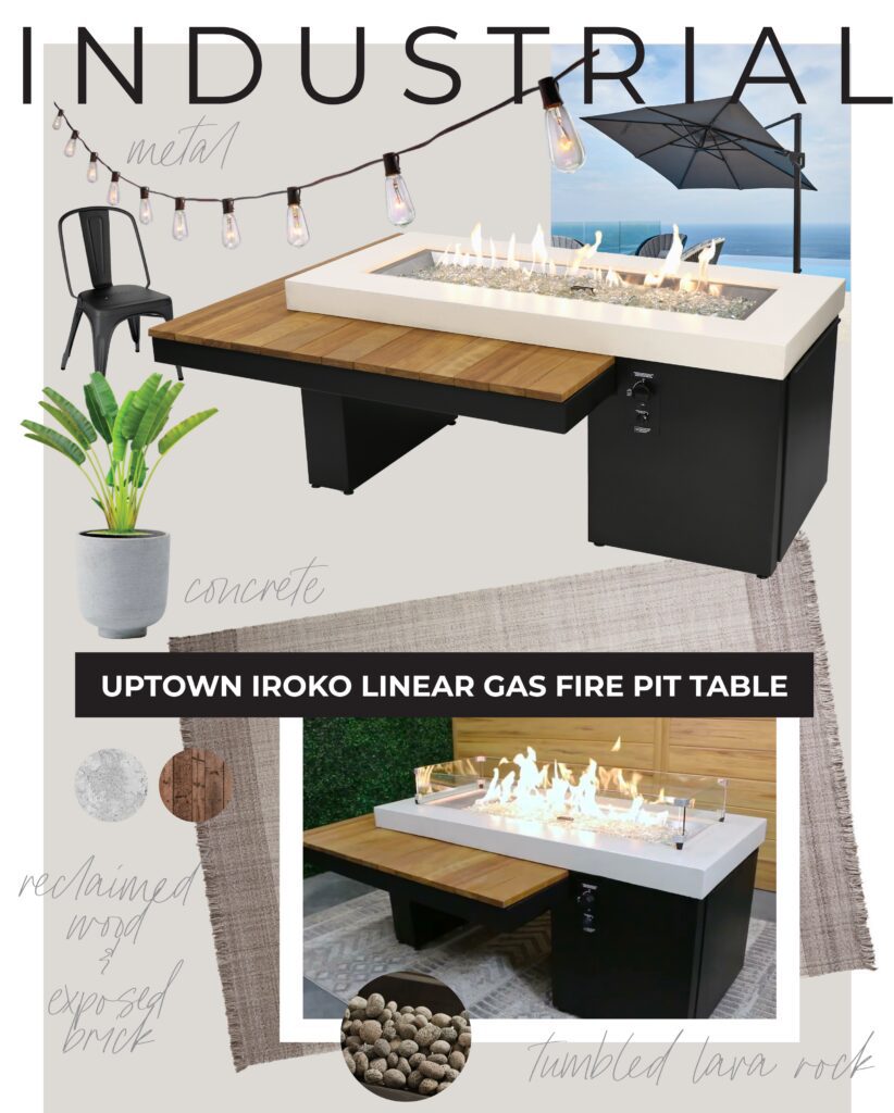 Consider styling the Uptown Iroko Linear Gas Fire Pit Table with natural elements like plants and cafe string lights to make an Industrial outdoor space.