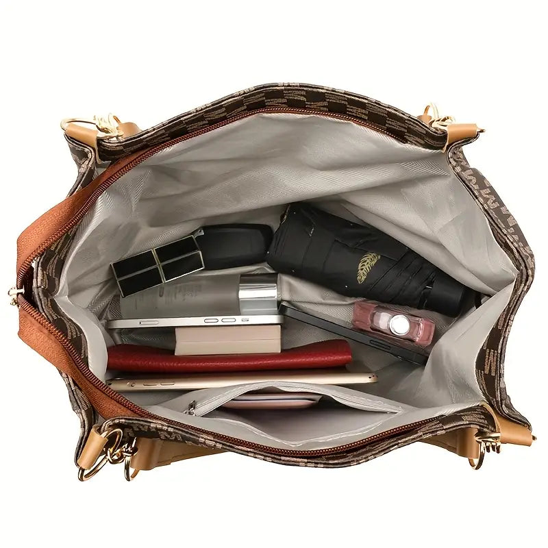 womens vintage   tote bag lightweight large capacity convertible shoulder bag clutch synthetic leather with zipper closure   hardware decorative m emblem for daily   shopping   brown white black travel bag details 13