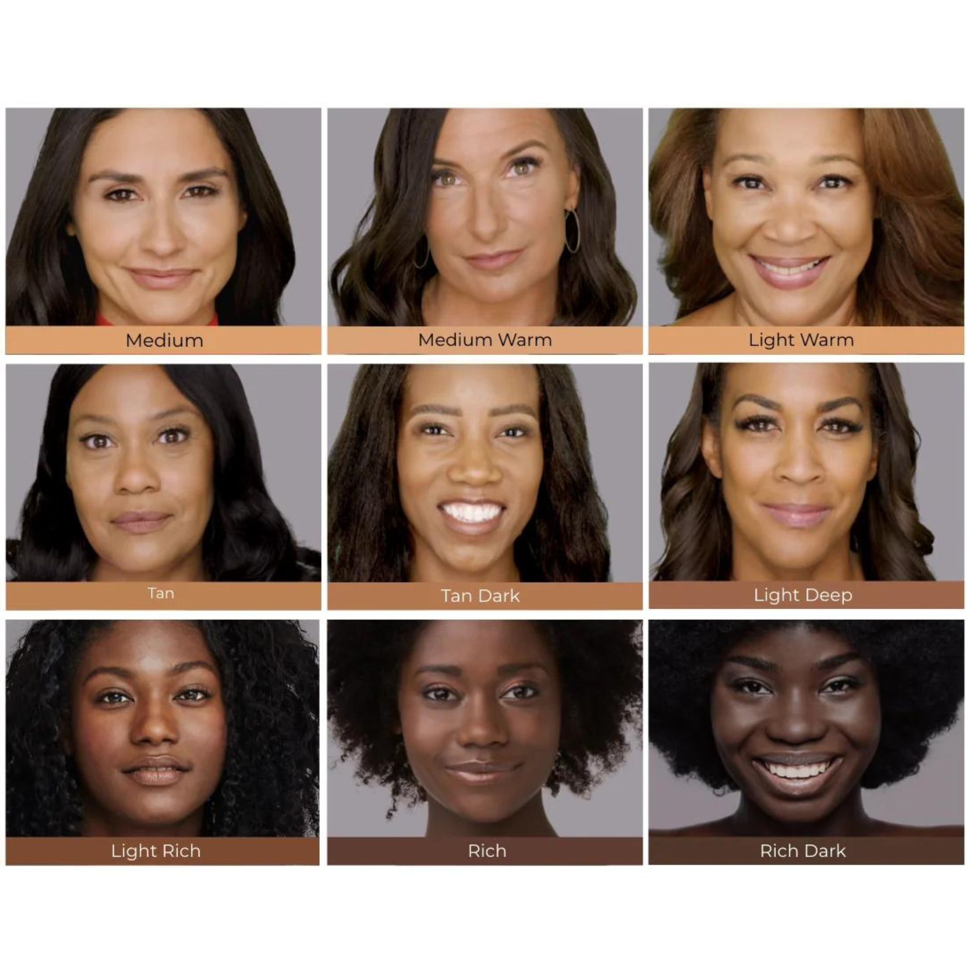 Image showing nine women with diverse skin tones labeled from Medium to Rich Dark.