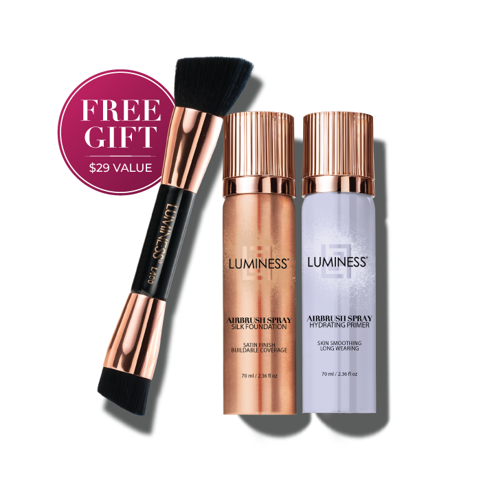 Cosmetics set with foundation, primer, and free gift brush.