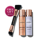 Makeup applicator brush and two skincare product bottles with a 'Free Gift' label.