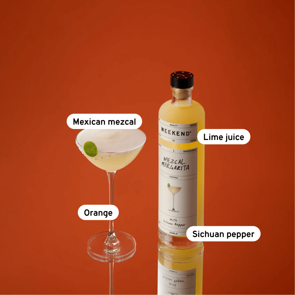 Bottle and glass of mezcal margarita on an orange background, labeled with ingredients: Mexican mezcal, lime juice, orange, Sichuan pepper.