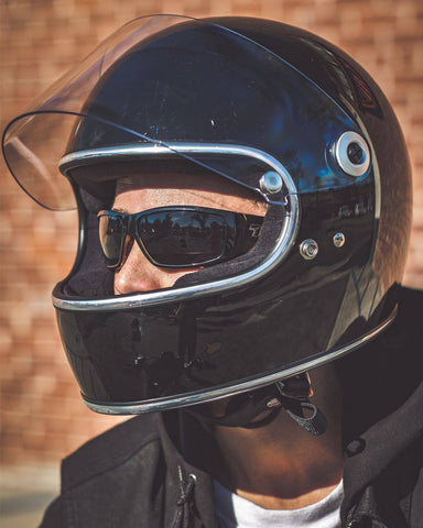Biker wearing 7eye Panhead motorcycle goggles