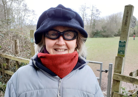 Alison on a winter walk wearing 7eye Chubasco glasses