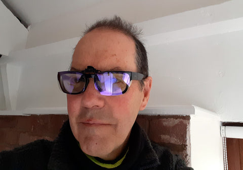 John wearing blue light filter lenses over Ziena Kai glasses