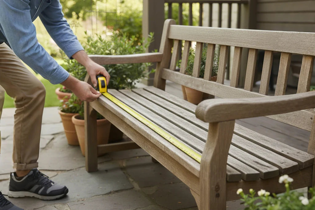 Person measuring a wooden bench with tape measure