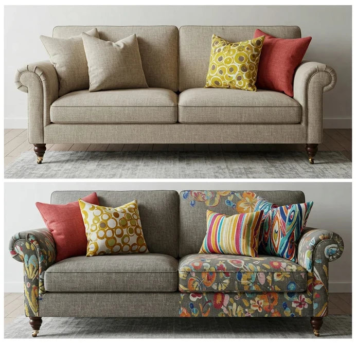Before and after comparison of furniture with custom cushions