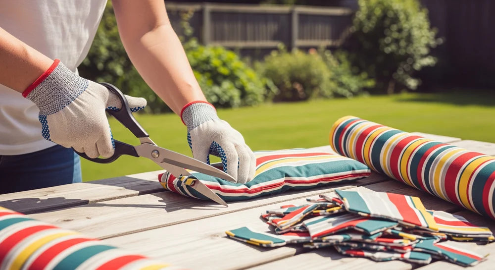 Cutting outdoor fabric with scissors