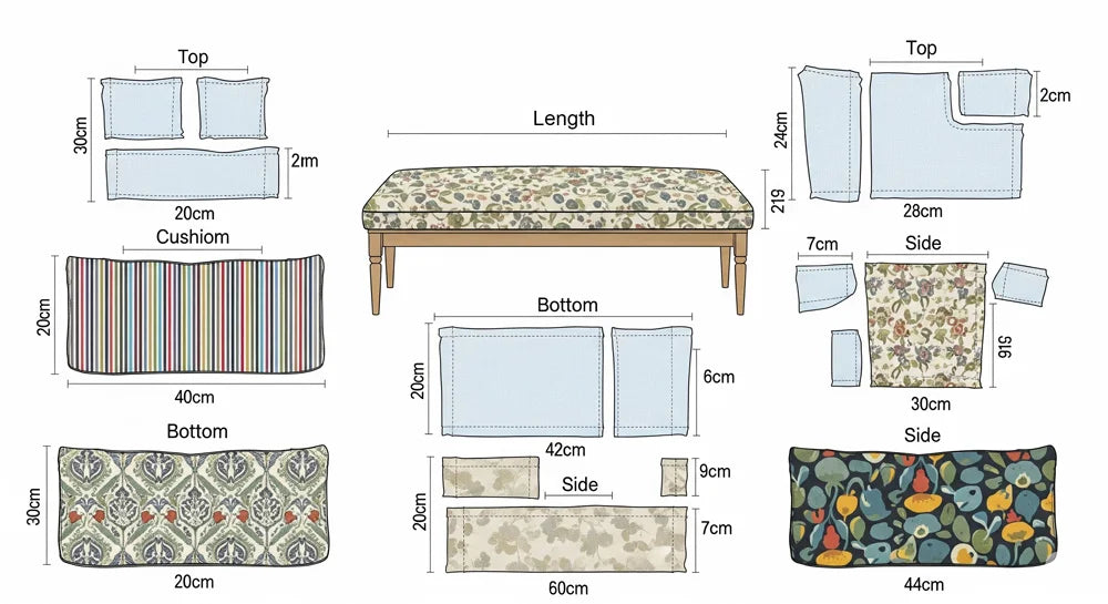 Efficient fabric cutting layout for bench cushion cover