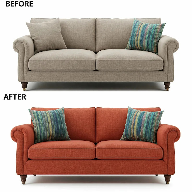 Before and after comparison of furniture with custom cushions