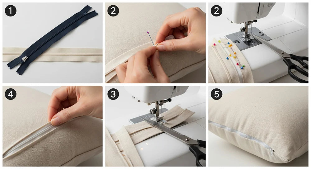 Installing zipper on cushion cover