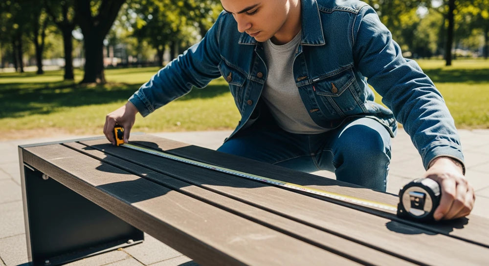 Measuring bench dimensions with tape measure