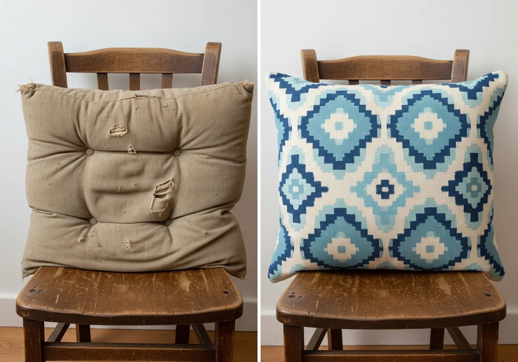 Before and after comparison showing a worn cushion transformed with new upholstery