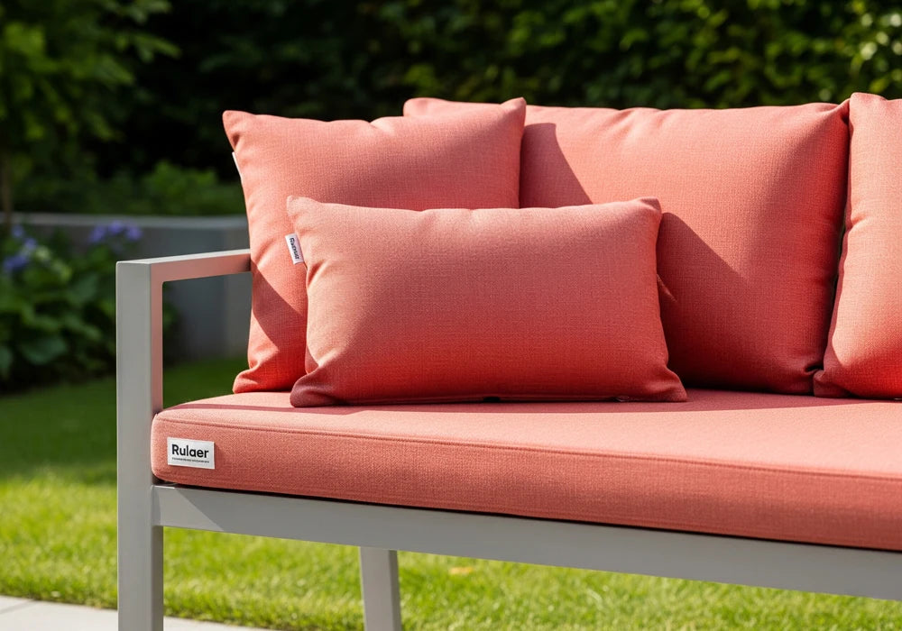 Outdoor bench cushions in garden setting
