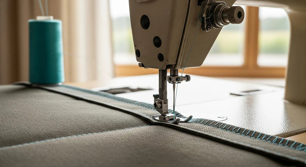 Sewing machine stitching weather-resistant fabric for outdoor cushion