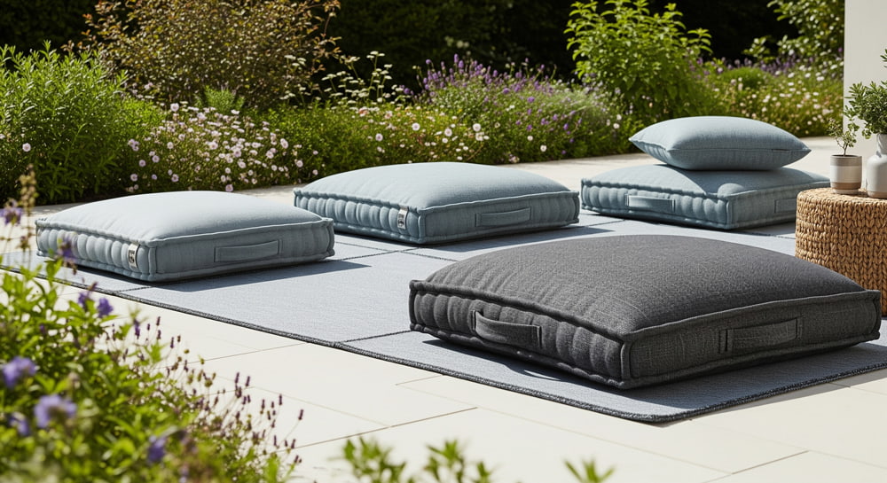 Weather-resistant floor cushions on outdoor patio