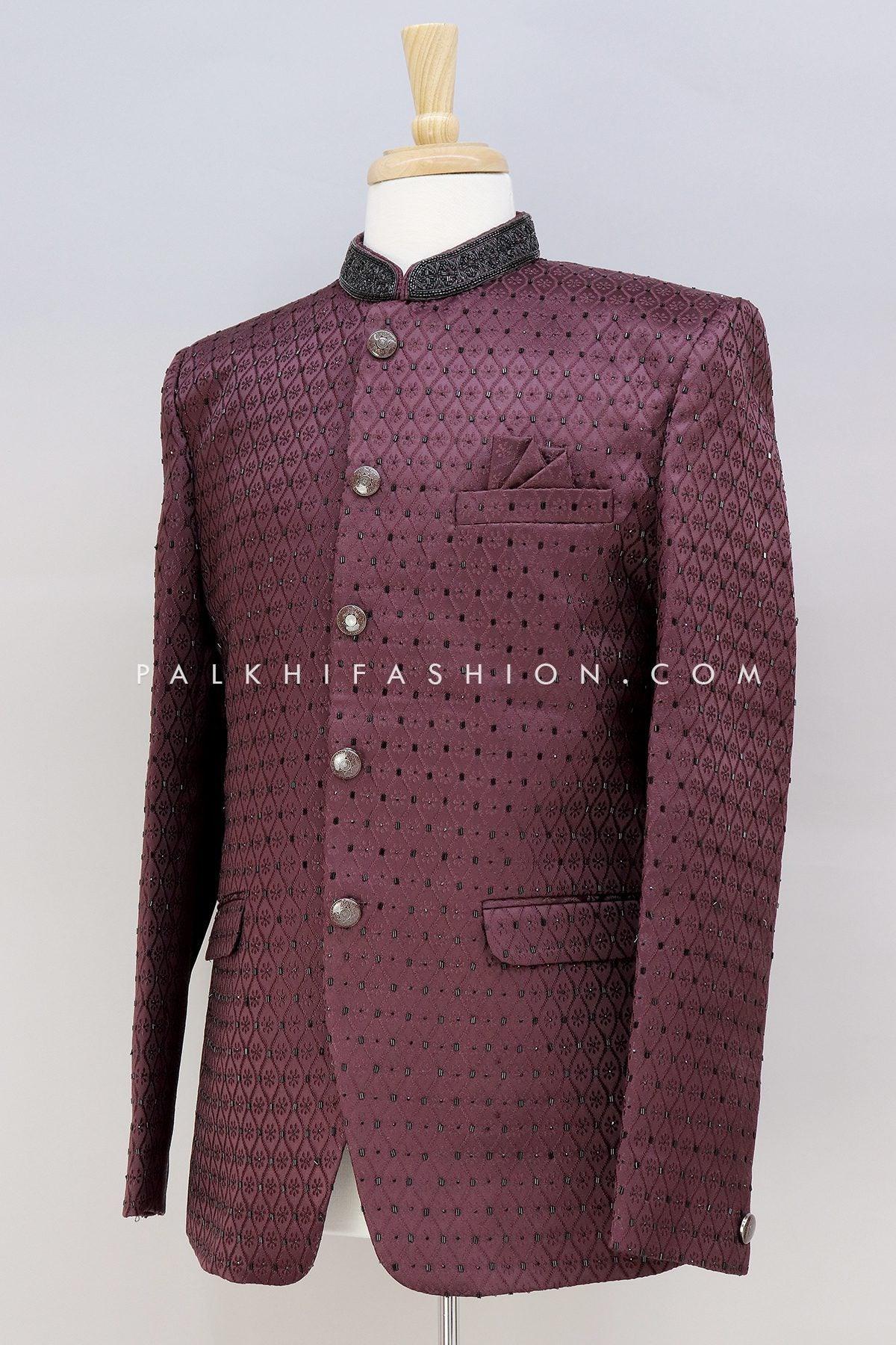 Pinkish Maroon Dobby Textured Cross Placket Bandhgala Suit | Blazer and  shorts, Jodhpuri suits for men, Long blazer