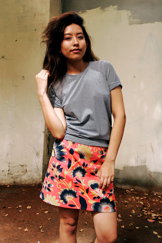 Striped Tee & Coral Mini Skirt