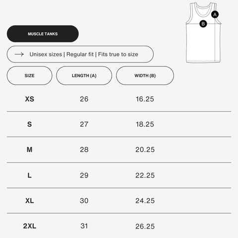 Size chart for Apocalypse Club muscle tanks