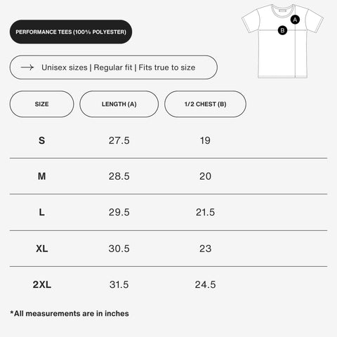 Size chart for Apocalypse Club performance tees