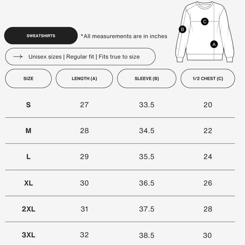 Size chart for Apocalypse Club sweatshirts