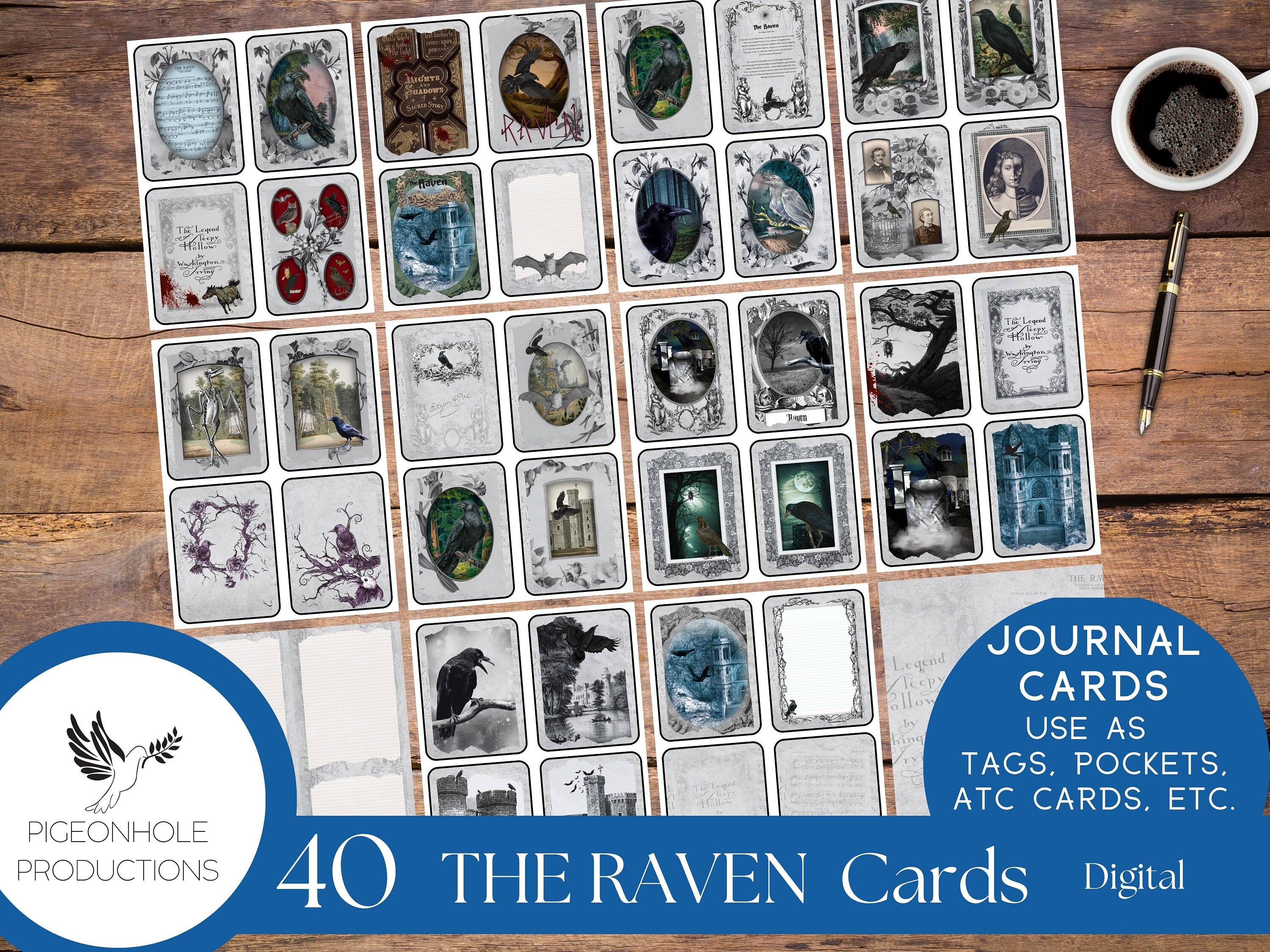 The Raven Junk Journal Cards—PRINTABLE—40 cards—Halloween Goth—includes The Legend of Sleepy Hollow—magical, mystical scenes with birds