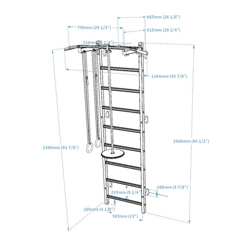 Dimensions of wall bar Unit with Steel Pull Up Bar